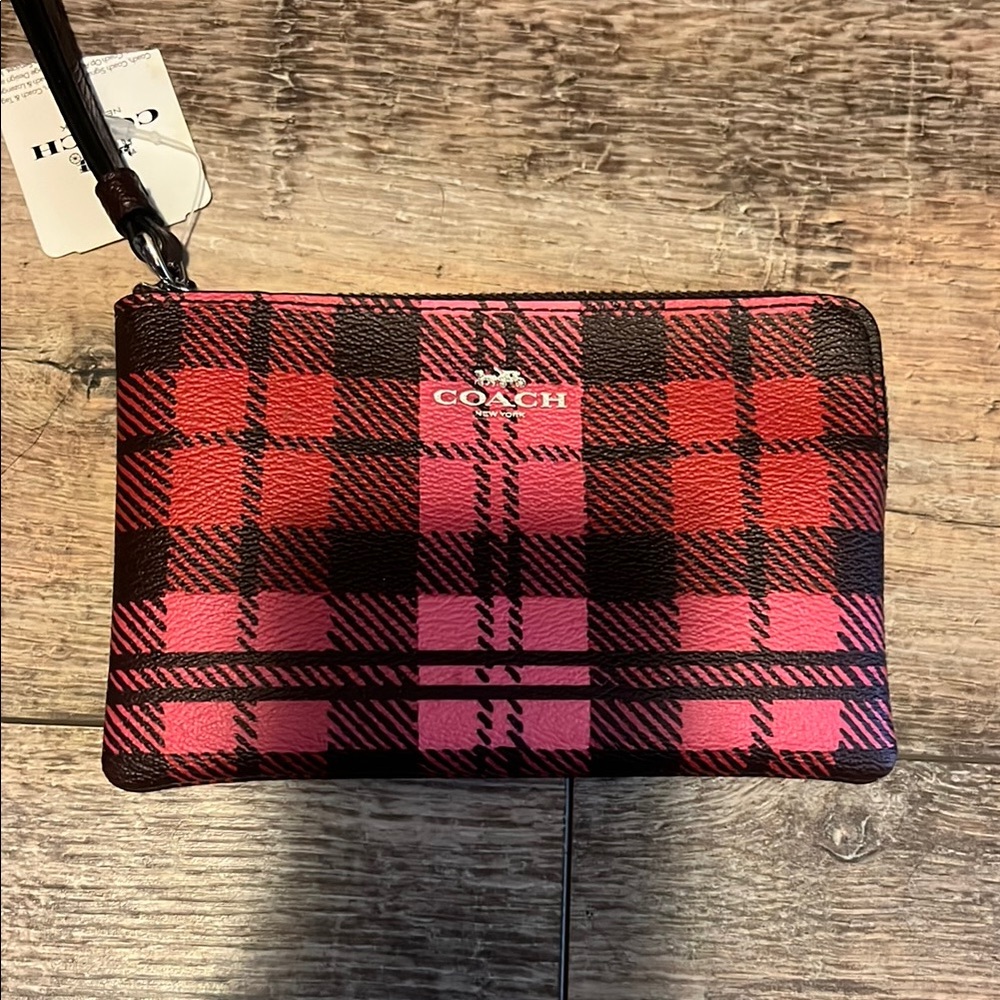 Coach Pink and Black Plaid Wristlet